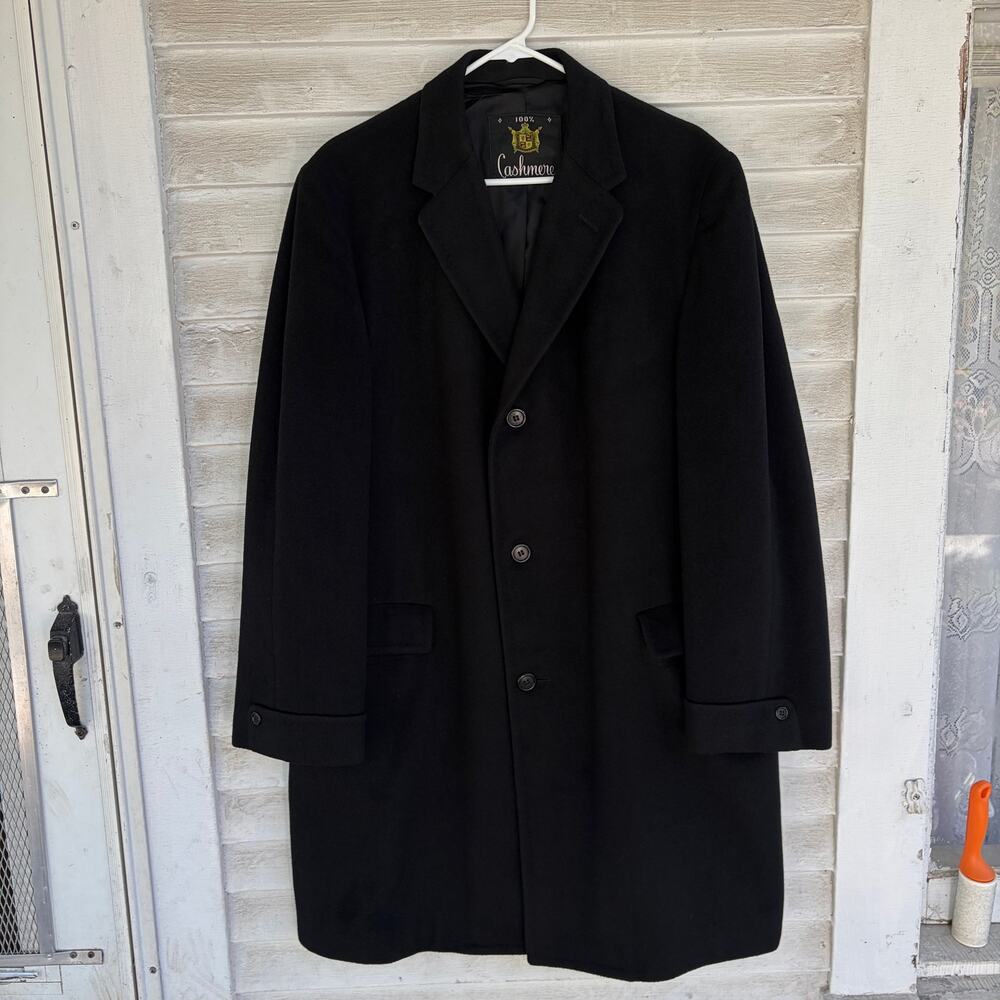 Mens Trench Coat 100% Cashmere Large Black Mid Length Formal Classic Business